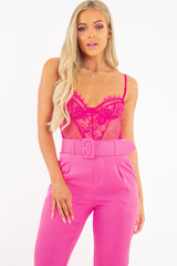 Fuchsia Floral Net Mesh Lace Bodysuit - Eloni-Bodysuits
