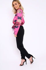 Fuchsia Floral Plunge Satin Wrap Front Jumpsuit - Talulah-Jumpsuits