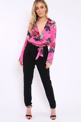 Fuchsia Floral Plunge Satin Wrap Front Jumpsuit - Talulah-Jumpsuits