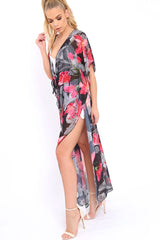 Fuchsia Floral Print Long Kimono - Vonda-Jackets