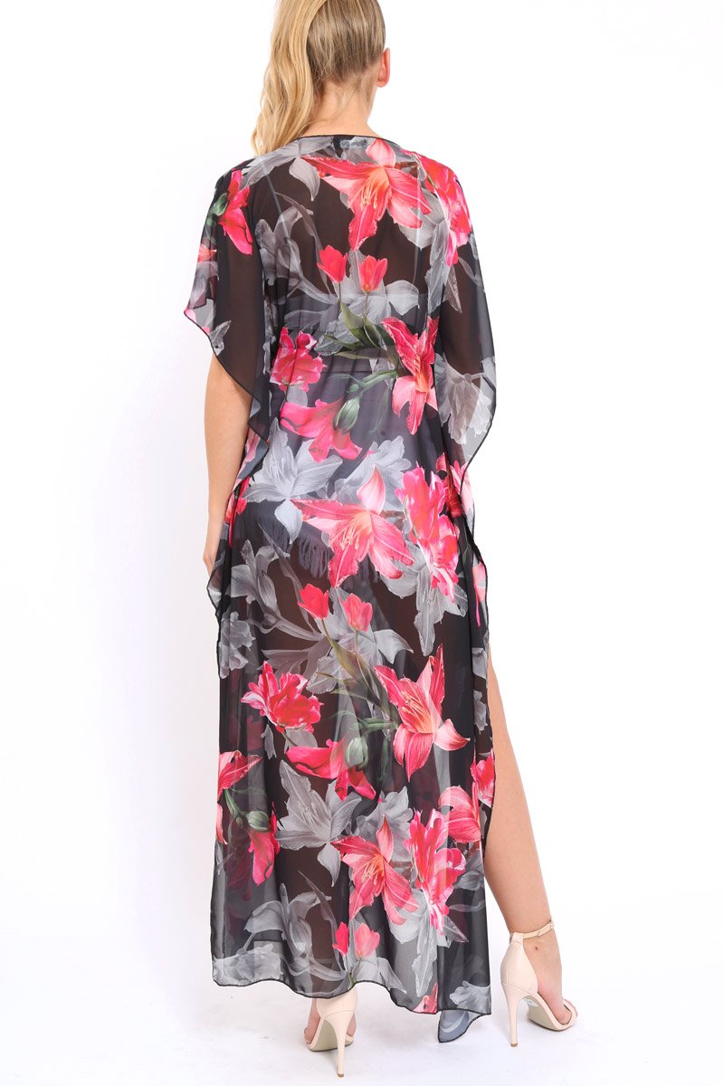 Fuchsia Floral Print Long Kimono - Vonda-Jackets