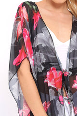 Fuchsia Floral Print Long Kimono - Vonda-Jackets