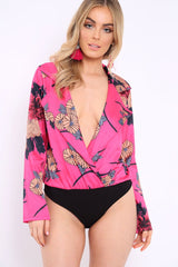 Fuchsia Flower Print Plunge Satin Bodysuit - Madelynn-Bodysuits
