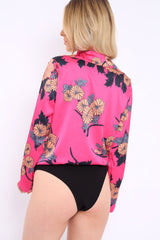 Fuchsia Flower Print Plunge Satin Bodysuit - Madelynn-Bodysuits