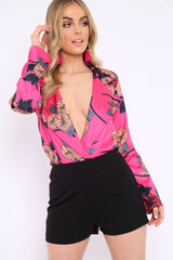 Fuchsia Flower Print Plunge Satin Bodysuit - Madelynn-Bodysuits