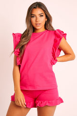 Fuchsia Frill Hem T-shirt Short Loungewear Co-ord - Daleiza-Co-ords
