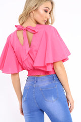 Fuchsia Frill Sleeve Crop Top - Siobhan-Crop Tops