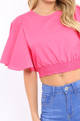 Fuchsia Frill Sleeve Crop Top - Siobhan-Crop Tops