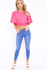 Fuchsia Frill Sleeve Crop Top - Siobhan-Crop Tops