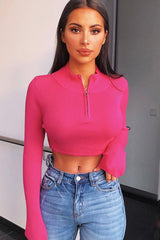 Fuchsia Half Zip Rib Crop Jumper - Elisea-Crop Jumper