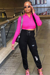 Fuchsia Half Zip Rib Crop Jumper - Elisea-Crop Jumper