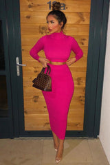 Fuchsia High Neck Rib Knit Crop Jumper - Emogene-Crop Jumper