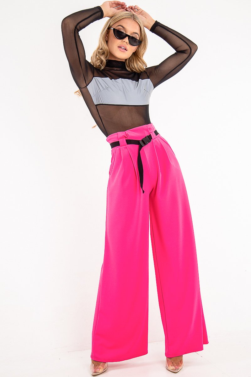 Fuchsia High Waist Paper Bag Buckle Belt Trousers - Ivyonna-Trousers