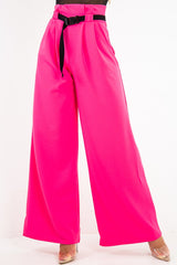 Fuchsia High Waist Paper Bag Buckle Belt Trousers - Ivyonna-Trousers