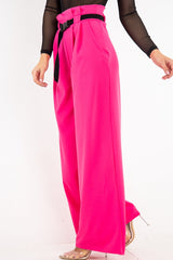 Fuchsia High Waist Paper Bag Buckle Belt Trousers - Ivyonna-Trousers