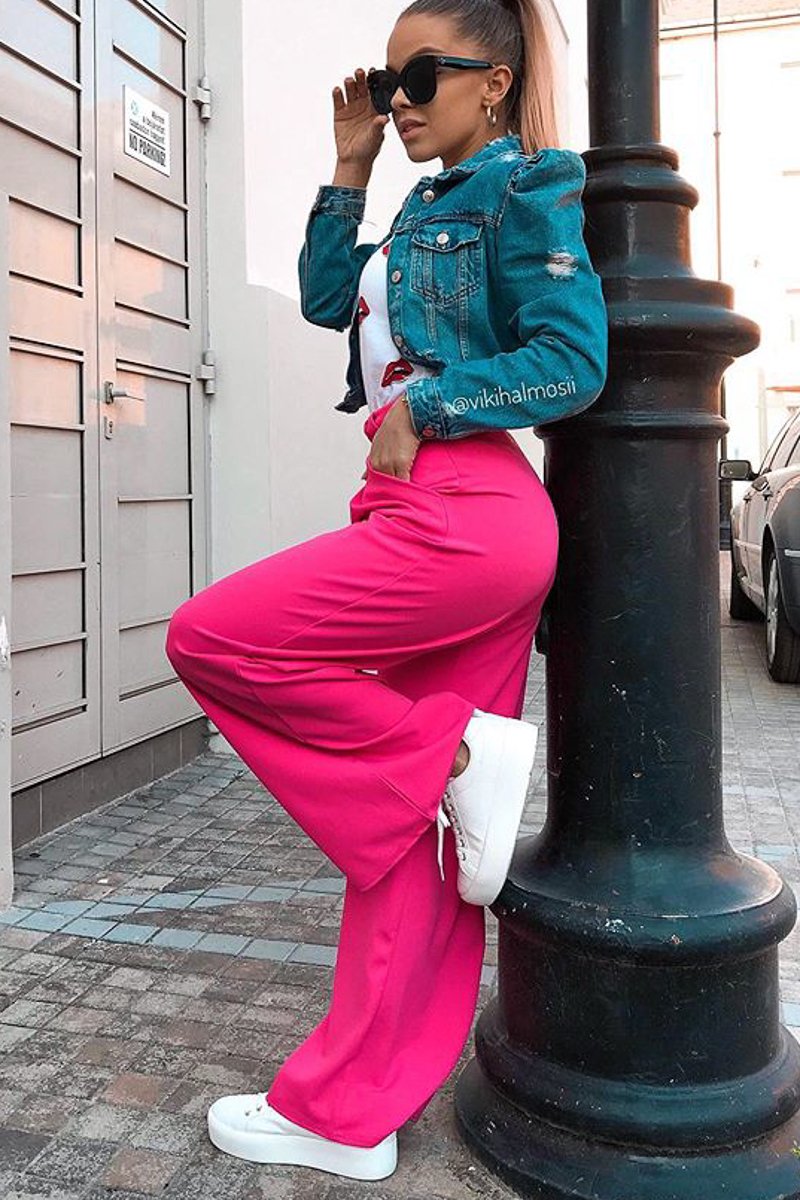 Fuchsia High Waist Paper Bag Buckle Belt Trousers - Ivyonna-Trousers