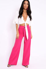 Fuchsia High Waist Wide Leg Trousers with Buckle - Monico-Trousers