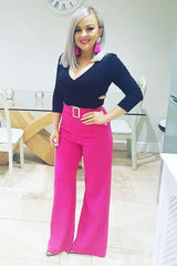 Fuchsia High Waist Wide Leg Trousers with Buckle - Monico-Trousers