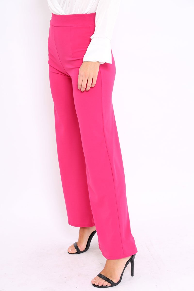 Fuchsia High Waisted Flare Trousers - Kym-Trousers
