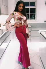 Fuchsia High Waisted Flare Trousers - Kym-Trousers