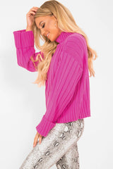 Fuchsia Knit High Neck Jumper - Jaelynn-Jumper