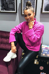 Fuchsia Knit High Neck Jumper - Jaelynn-Jumper