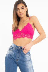 Fuchsia Lace Cami Strap Crop Top - Lesta-Crop Tops