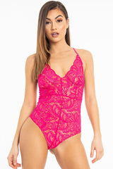 Fuchsia Lace Cross Back Bodysuit - Brogan-Bodysuits