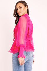 Fuchsia Lace Panel Net Sleeve Jumper - Dalila-Jumper