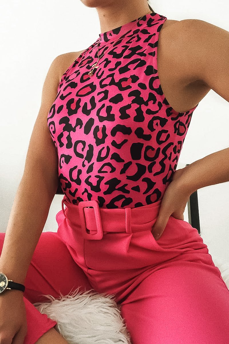 Fuchsia Leopard Print Halter Neck Sleeveless Bodysuit - Aarika-Bodysuits