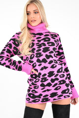 Fuchsia Leopard Roll Neck Jumper - Deona-Jumper