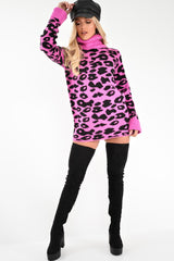 Fuchsia Leopard Roll Neck Jumper - Deona-Jumper
