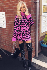 Fuchsia Leopard Roll Neck Jumper - Deona-Jumper