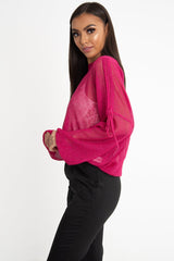 Fuchsia Net Knit Longline Tie Detail Jumper - Kensie-Jumper