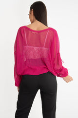 Fuchsia Net Knit Longline Tie Detail Jumper - Kensie-Jumper