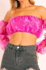 Fuchsia Organza Bardot Puff Sleeves Crop Top - Teresa-Crop Tops