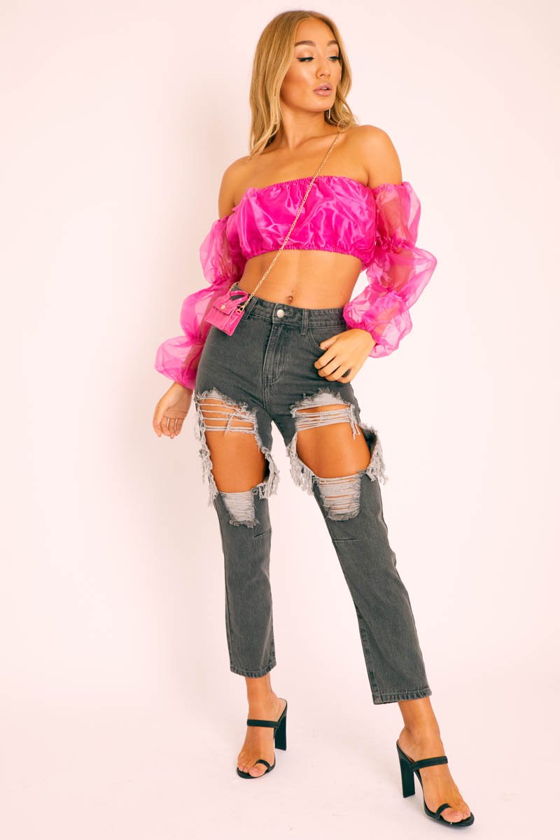 Fuchsia Organza Bardot Puff Sleeves Crop Top - Teresa-Crop Tops