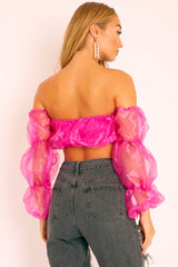 Fuchsia Organza Bardot Puff Sleeves Crop Top - Teresa-Crop Tops