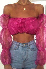 Fuchsia Organza Bardot Puff Sleeves Crop Top - Teresa-Crop Tops