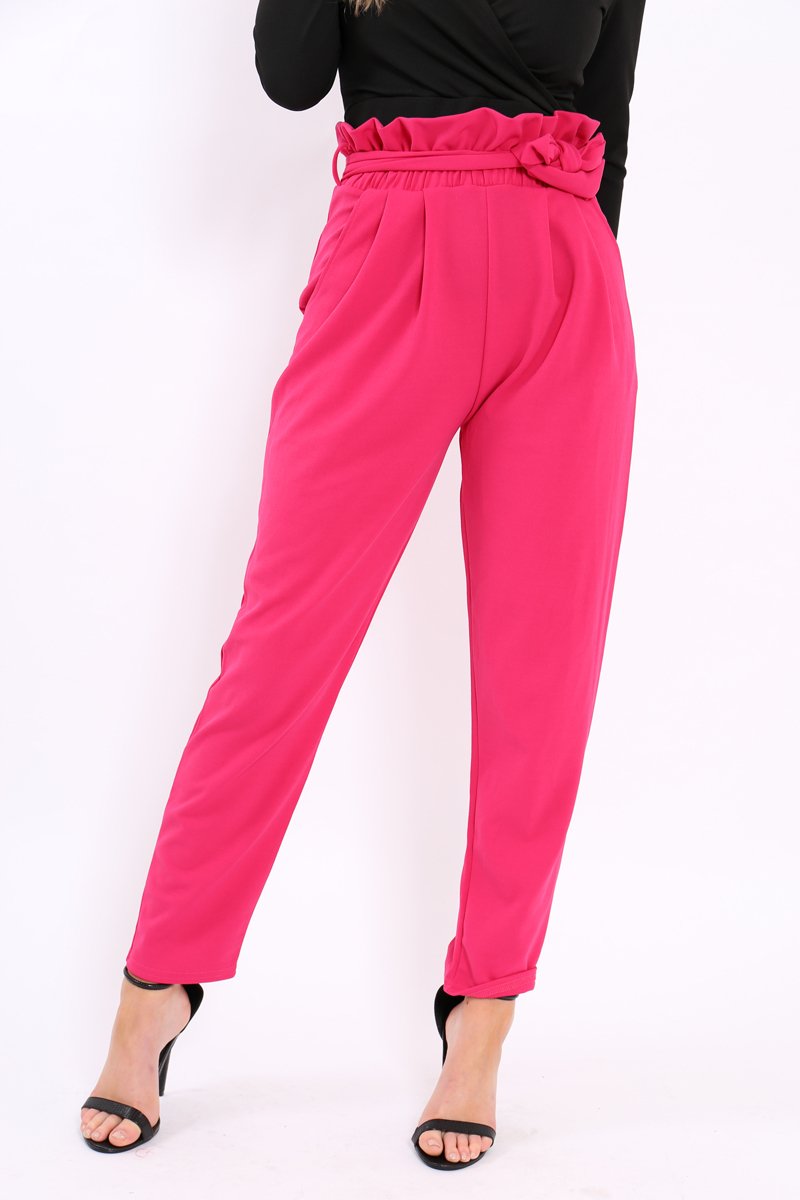 Fuchsia Paper Bag Tie Waist Cigarette Trousers - Karmen-Trousers