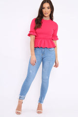 Fuchsia Peplum Frill Detail Top with Frill Sleeves - Gretta-Tops