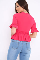 Fuchsia Peplum Frill Detail Top with Frill Sleeves - Gretta-Tops