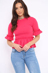 Fuchsia Peplum Frill Detail Top with Frill Sleeves - Gretta-Tops
