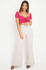 Fuchsia Puff Sleeve Lace Up Front Crop Top - Kandis-Crop Tops