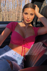 Fuchsia Puff Sleeve Lace Up Front Crop Top - Kandis-Crop Tops