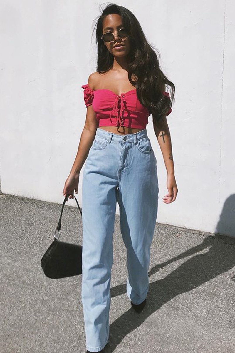Fuchsia Puff Sleeve Lace Up Front Crop Top - Kandis-Crop Tops