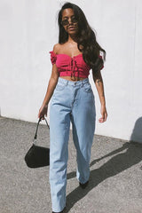 Fuchsia Puff Sleeve Lace Up Front Crop Top - Kandis-Crop Tops