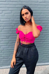 Fuchsia Puff Sleeve Lace Up Front Crop Top - Kandis-Crop Tops