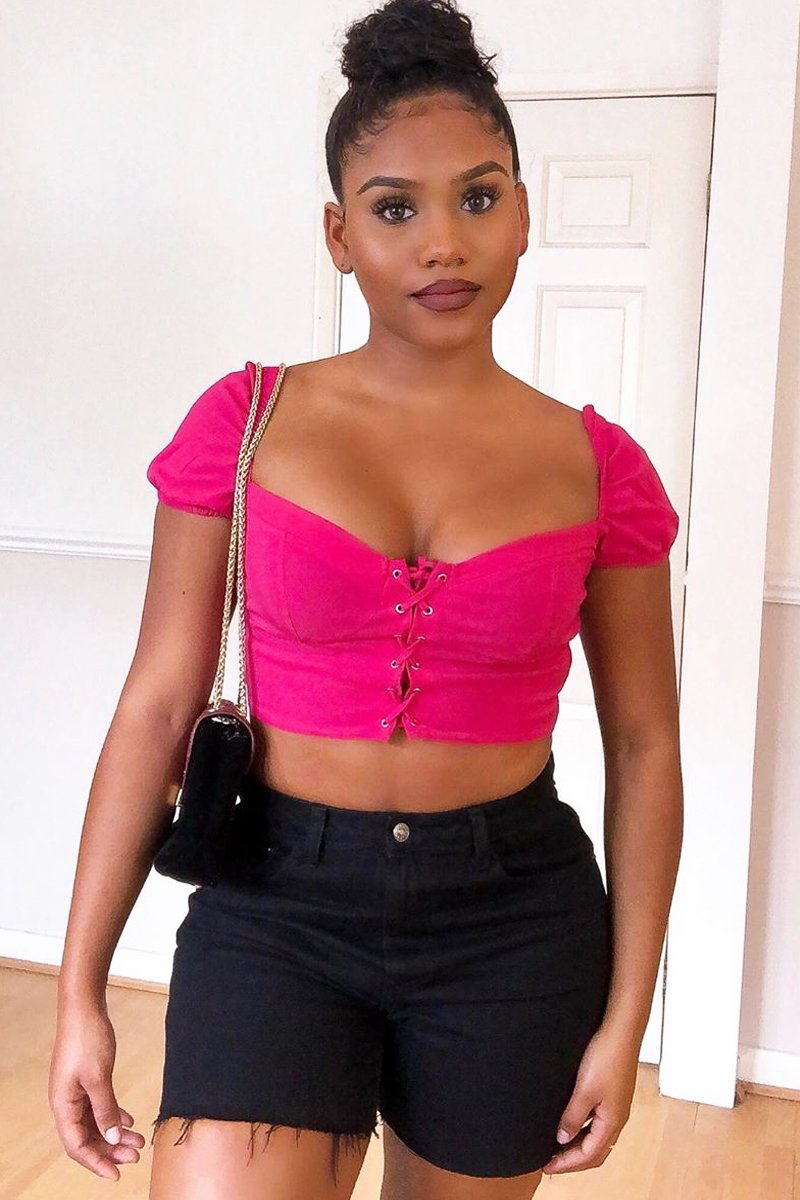 Fuchsia Puff Sleeve Lace Up Front Crop Top - Kandis-Crop Tops
