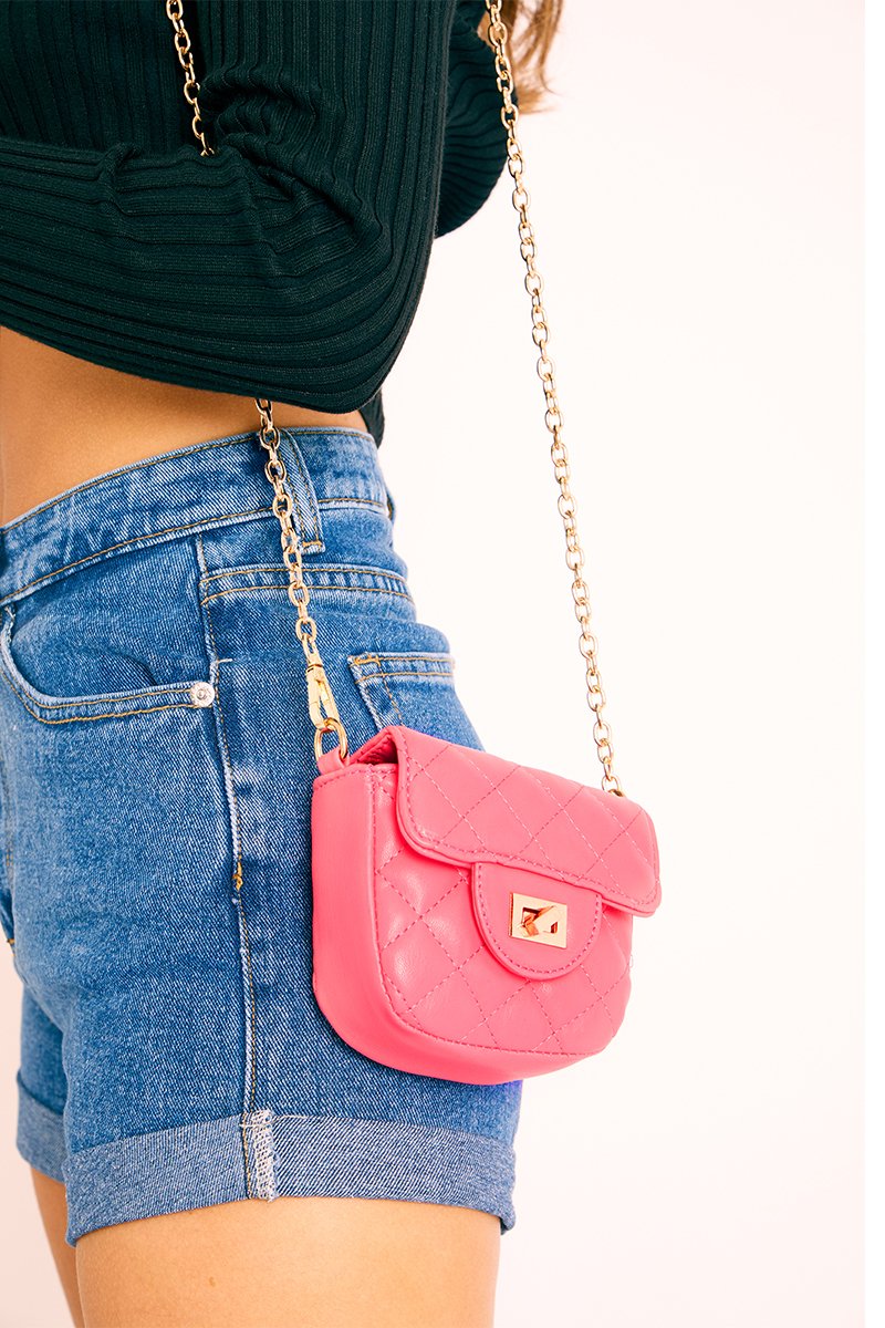 Fuchsia Quilted Gold Chain Strap Mini Bag - Sari-Bags